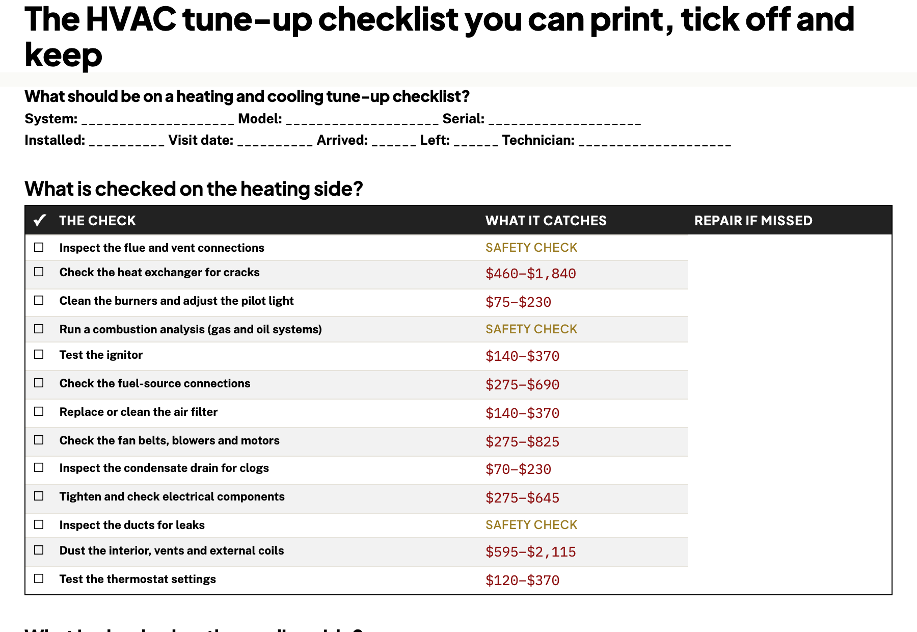 Print preview of the first page of the 22-point HVAC tune-up checklist: a record header for system, model, serial, install date, visit date, technician and arrival and departure times, then the 13-row heating table and 9-row cooling table, each row with a tick box, the check, and the repair cost avoided.